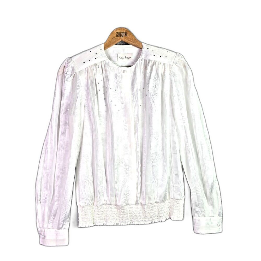 Philippe Marques Blouse White 10 Vintage Studded Pleated Crew Neck Made USA